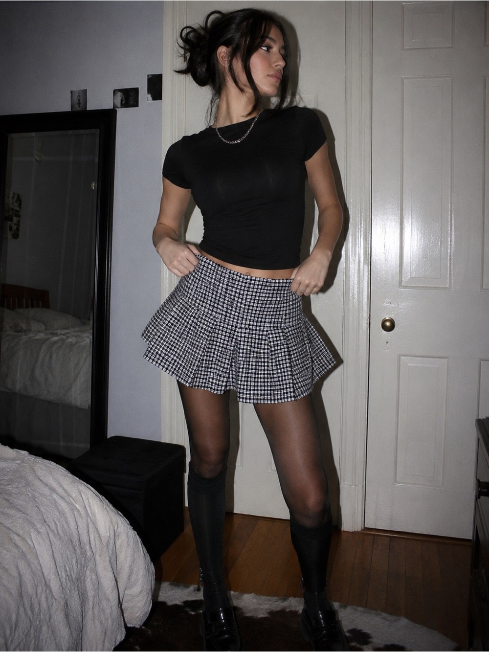 Altar’d State Black White Plaid Pleated Skort Size 4 Mini Schoolgirl Skirt